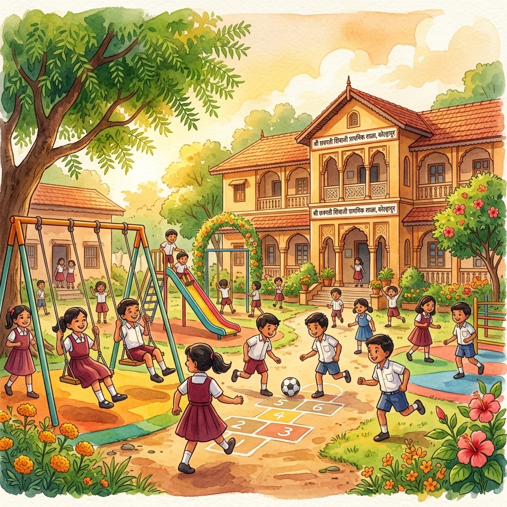 Watercolor illustration of children playing at Alphabet'z School